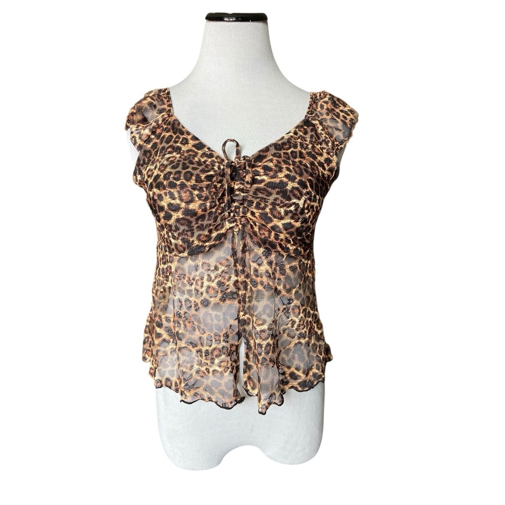 Y2K Leopard Print Sheer Mesh Babydoll Top Size L Tie Front Mcbling Going Out Top